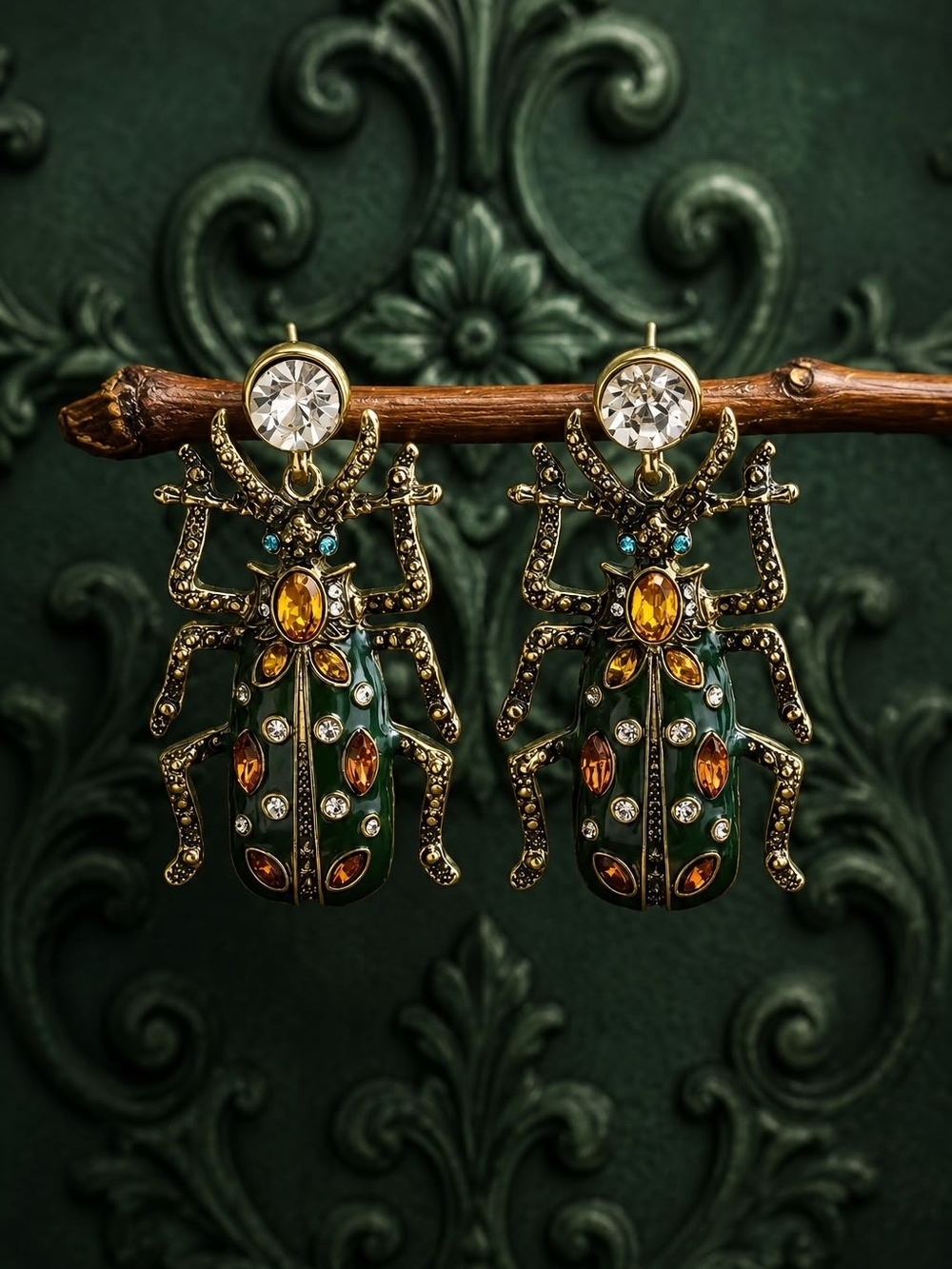 Gold and Green Beetle Drop Earrings - Designer Statement Jewelry - Picture 8 of 8